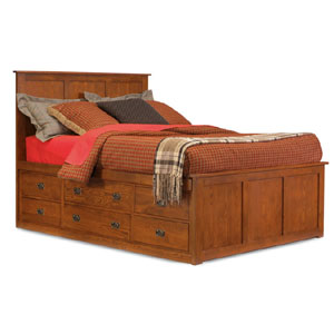 Mission Oak Full Pedestal Bed with 9 storage drawers